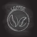 Coffee badge, emblem or label with coffee beans icon isolated on blackboard texture with chalk rubbed background. Vector illustrat Royalty Free Stock Photo